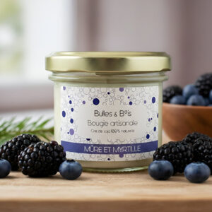 Bougie parfumée mûre et myrtille, fabriquée artisanalement par Bulles et Bois au Touvet.