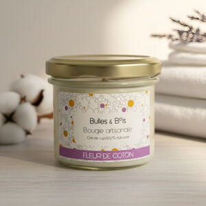 Bougie parfumée fleurs de coton, fabriquée artisanalement par Bulles et Bois au Touvet.