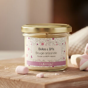 Bougie parfumée guimauve, fabriquée artisanalement par Bulles et Bois au Touvet.