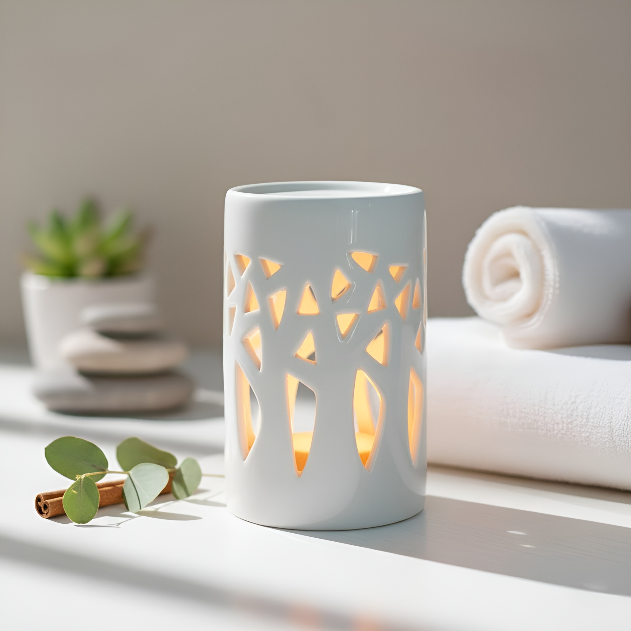 Brûle-parfum Forêt en céramique laquée blanche avec motifs d'arbres ajourés.