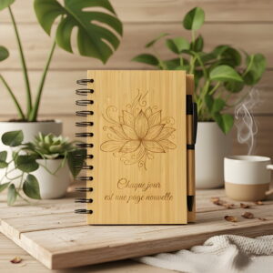 Carnet de notes en bambou avec stylo, gravé d'une fleur de lotus et message inspirant
