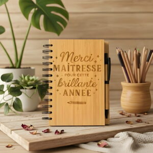 Carnet de notes en bambou gravé "Merci maitresse pour cette brillante année"