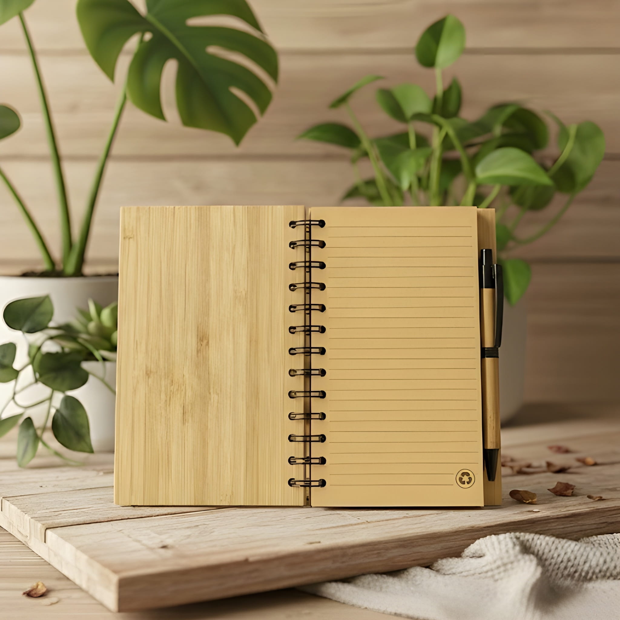 Carnet en bambou gravé contenant un stylo et 70 pages