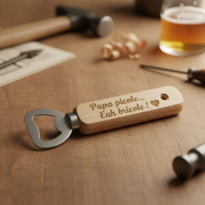 Décapsuleur en bois gravé au laser "Papa picole... Euh bricole !" Idée cadeau papa humour