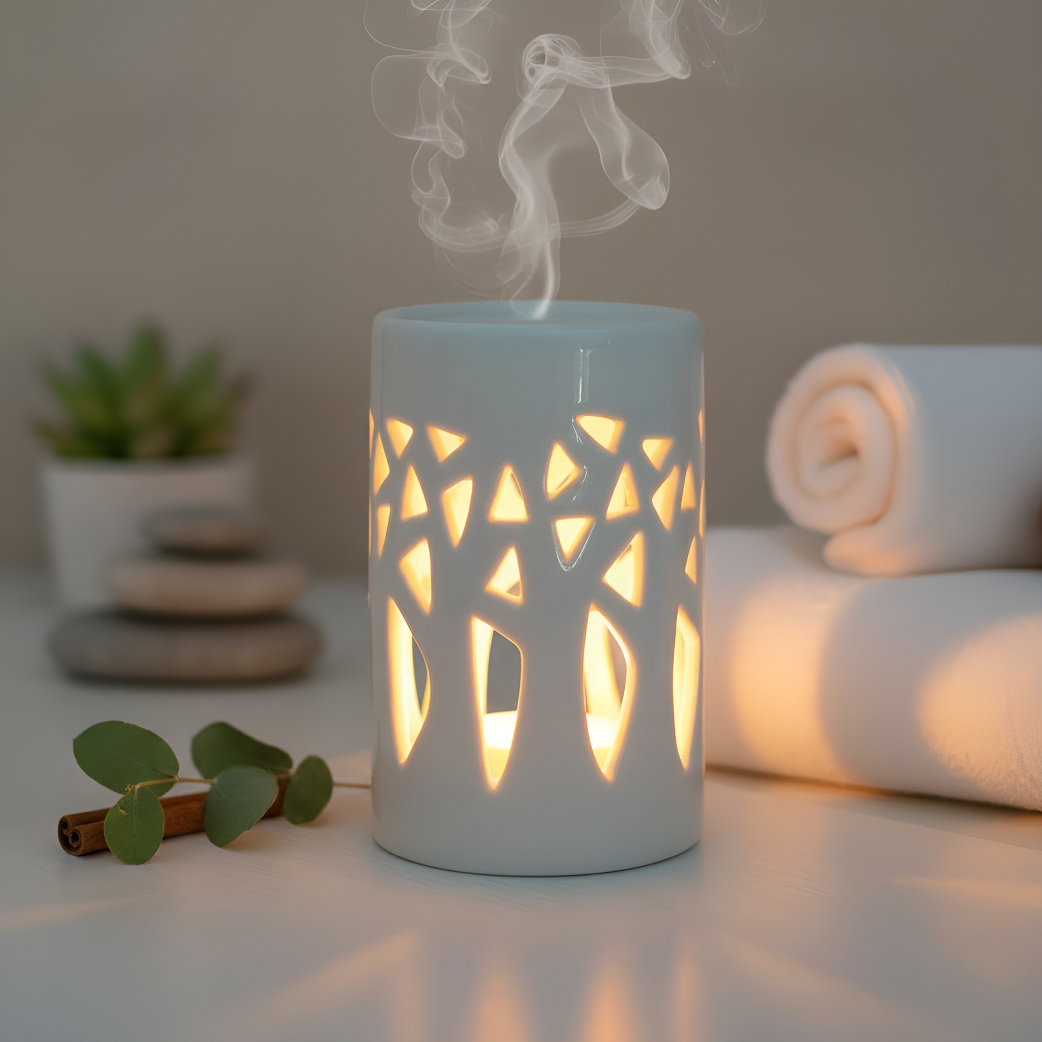 Diffuseur de parfum Forêt coloris blanc, projection de lumière motifs nature.