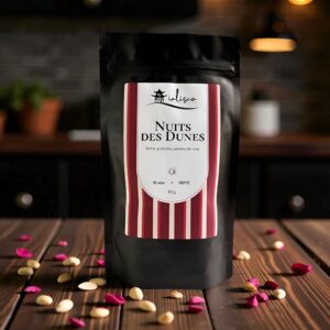 Infusion Nuits des Dunes de la maison de thé savoyarde Ialisco (sachet de 100 grammes) Datte, pistaches et pétales de rose