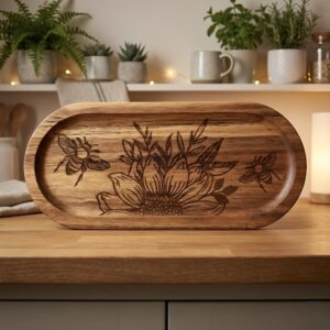 Plateau ou vide poche en bois d'acacia gravé avec un motif de tournesol et d'abeilles