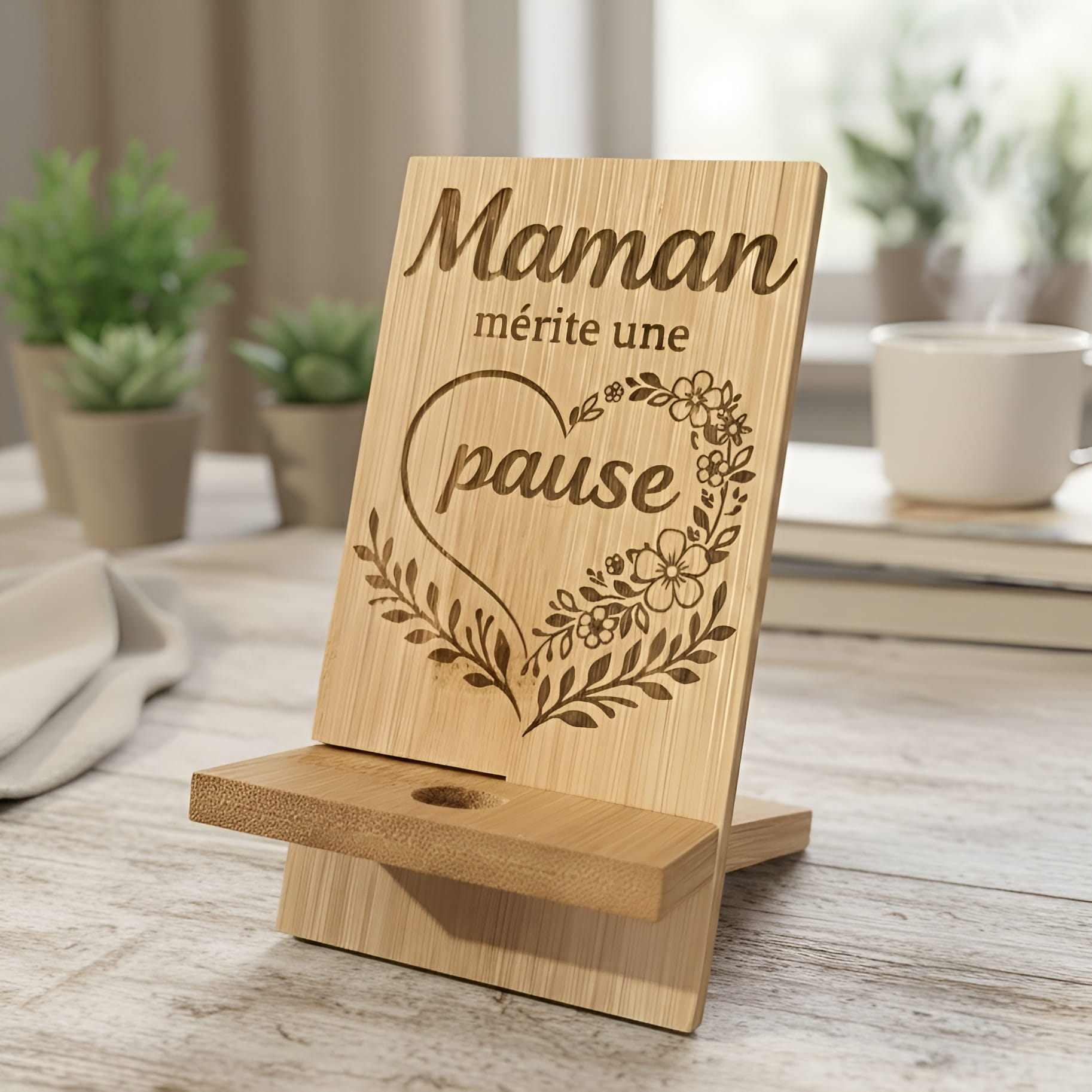 Support téléphone en bambou gravé avec le message Maman mérite une pause