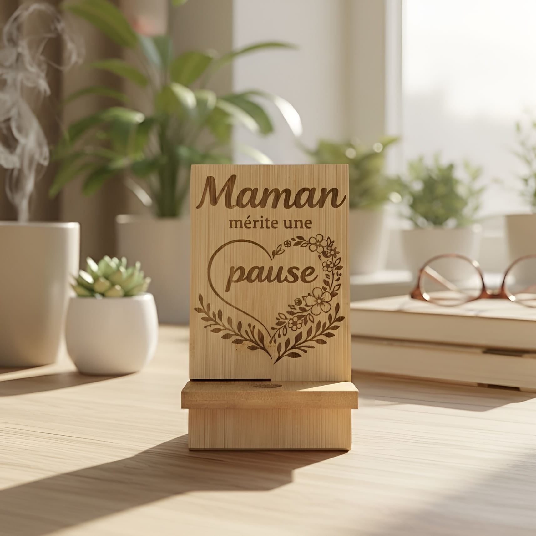 Support à téléphone en bambou gravé au laser pour maman