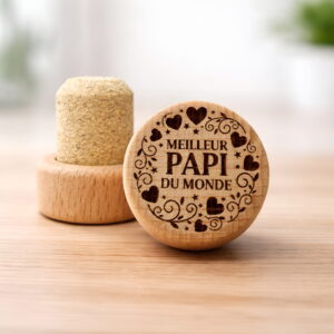 Bouchon de bouteille de vin en bois et liège personnalisé avec gravure laser "Meilleur papi du monde"
