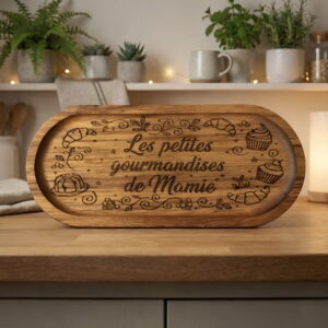 Plateau en acacia gravé pour les grand mère, avec motifs de pâtisseries et message "Les petites gourmandises de mamie"