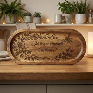 Plateau vide-poche en bois d'acacia gravé au laser avec décor floral et petite abeille et message Ici rien ne disparait (en théorie)
