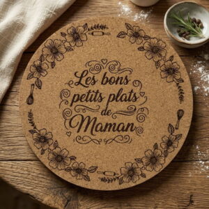 Dessous de plat rond en liège gravé fleurs et texte Les bons petits plats de Maman
