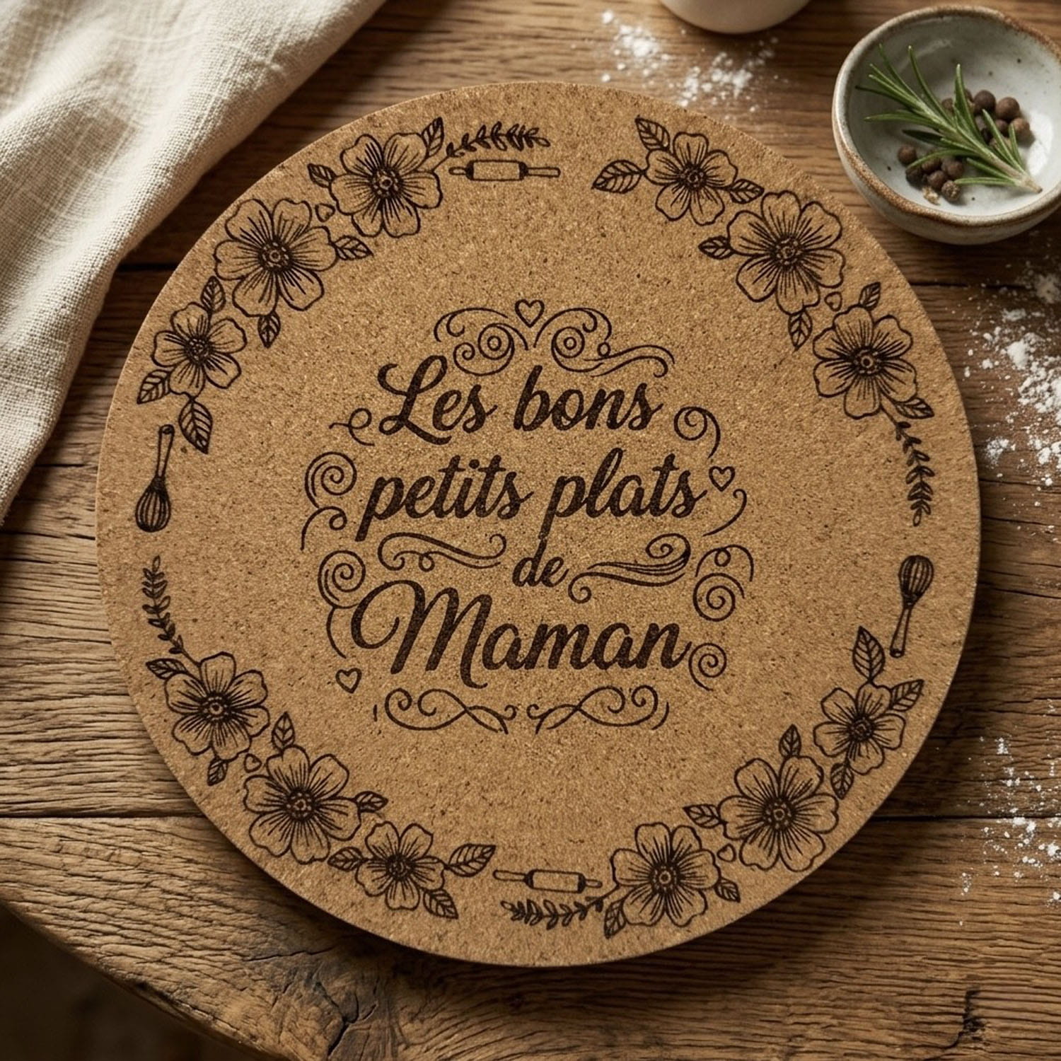 Dessous de plat rond en liège gravé fleurs et texte Les bons petits plats de Maman