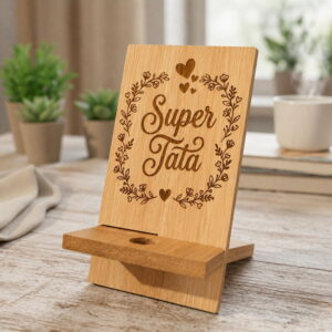 Support téléphone portable en bambou gravé Super Tata avec motifs fleurs
