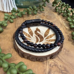Bracelet pour homme en cuir noir et pierres naturelles : œil de taureau et onyx noir (fermoir magnétique en inox 304)
