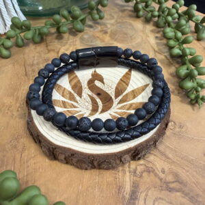 Bracelet pour homme en cuir noir et pierres naturelles : pierre de lave et shungite (fermoir magnétique en inox 304)